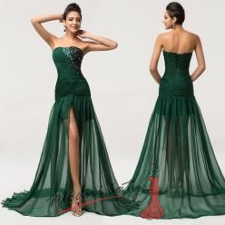Tmavě zelené společenské šaty s průsvitnou sukní