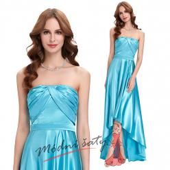 Lesklé světle modré plesové šaty s asymetrickou sukní